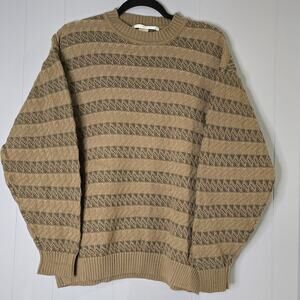 Perry Ellis Sweater Mens Large Pullover‎ Brown Tan Geometric Striped Crew Neck